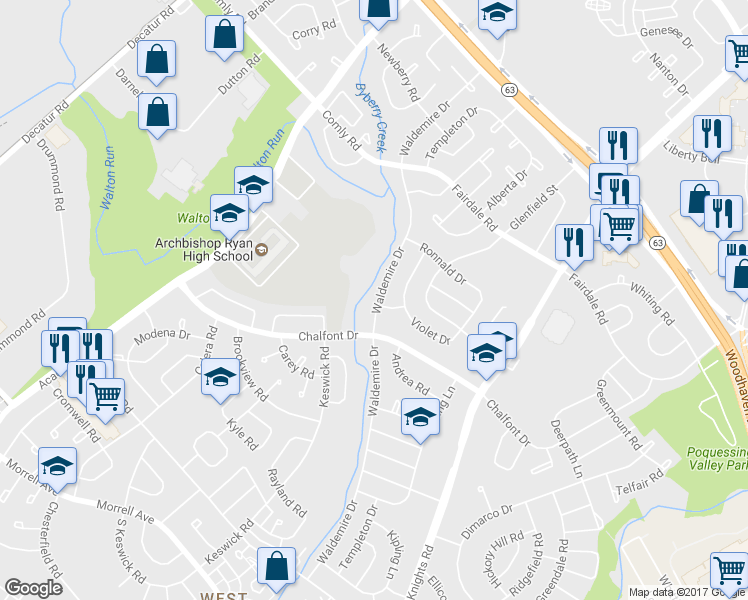map of restaurants, bars, coffee shops, grocery stores, and more near 11104 Waldemire Drive in Philadelphia
