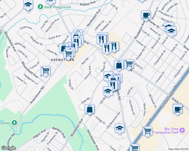map of restaurants, bars, coffee shops, grocery stores, and more near 2600 Scotchbrook Drive in Philadelphia