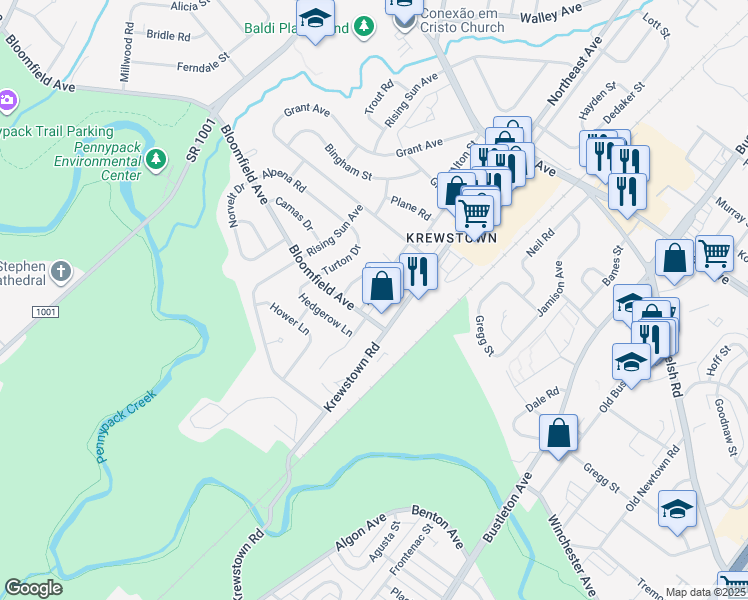 map of restaurants, bars, coffee shops, grocery stores, and more near 8900 Krewstown Road in Philadelphia