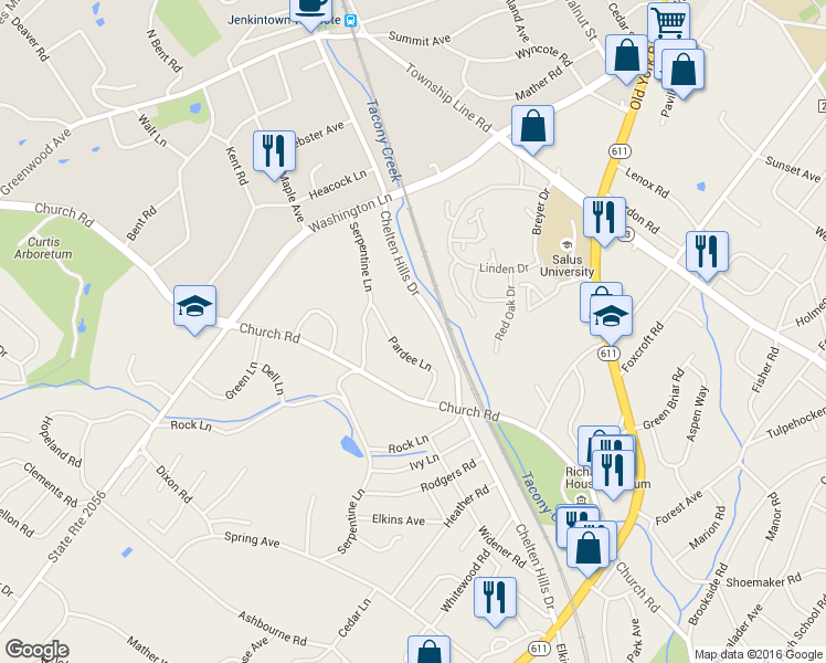 map of restaurants, bars, coffee shops, grocery stores, and more near 821 Pardee Lane in Wyncote
