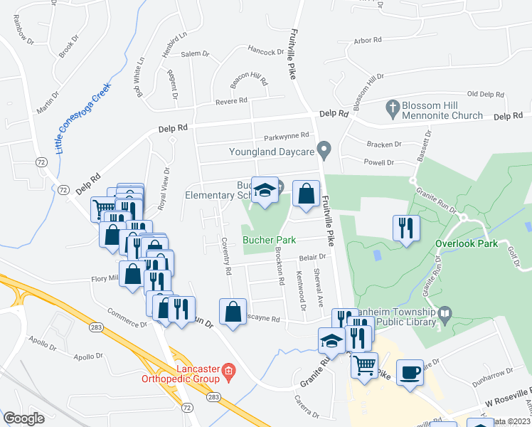 map of restaurants, bars, coffee shops, grocery stores, and more near 450 Candlewyck Road in Lancaster