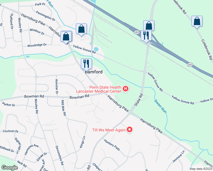 map of restaurants, bars, coffee shops, grocery stores, and more near 2901 Harrisburg Pike in Lancaster County