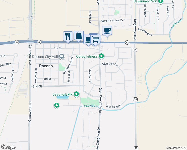 map of restaurants, bars, coffee shops, grocery stores, and more near 705 Glen Moor Street in Dacono