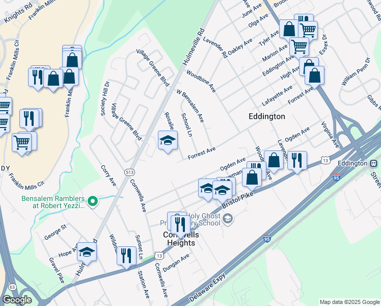 map of restaurants, bars, coffee shops, grocery stores, and more near 2426 Forrest Avenue in Eddington