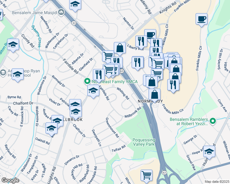 map of restaurants, bars, coffee shops, grocery stores, and more near 4121 Farmdale Road in Philadelphia