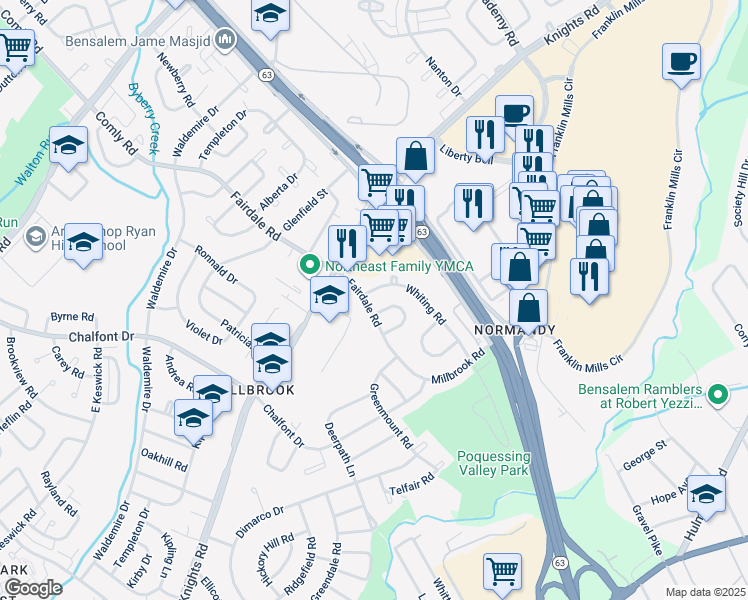 map of restaurants, bars, coffee shops, grocery stores, and more near 4107 Fairdale Road in Philadelphia
