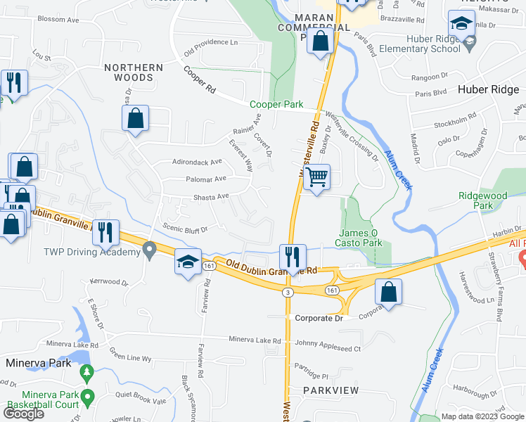 map of restaurants, bars, coffee shops, grocery stores, and more near 3311 Kristin Court in Columbus