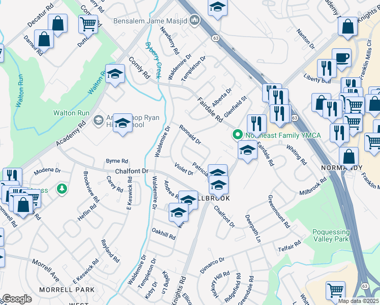 map of restaurants, bars, coffee shops, grocery stores, and more near 3812 Charteris Road in Philadelphia