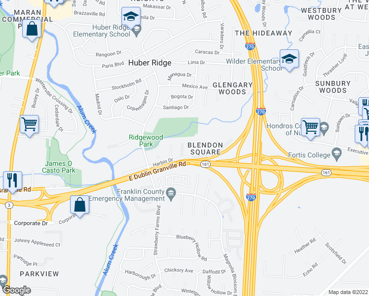 map of restaurants, bars, coffee shops, grocery stores, and more near 5390 Harbin Place in Westerville