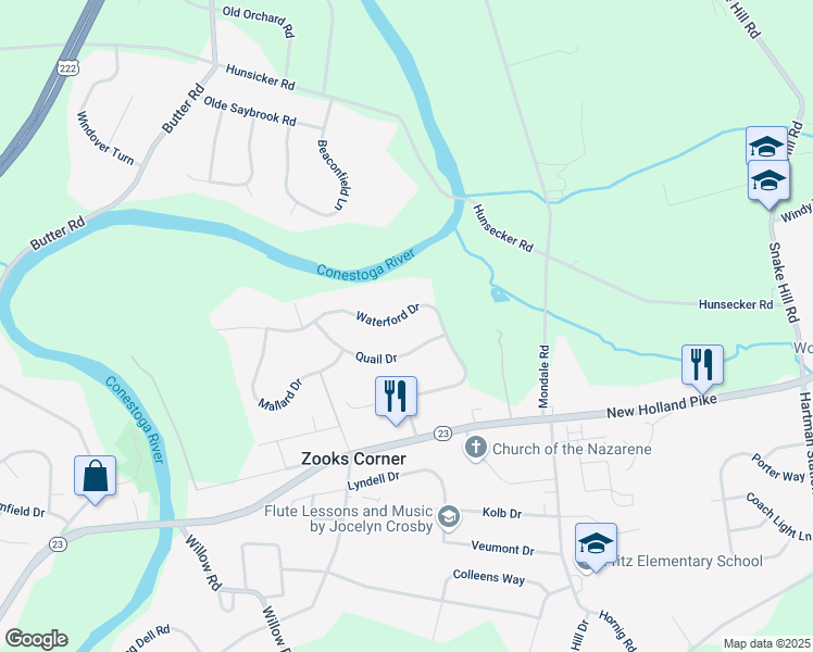 map of restaurants, bars, coffee shops, grocery stores, and more near 2146 Waterford Drive in Lancaster