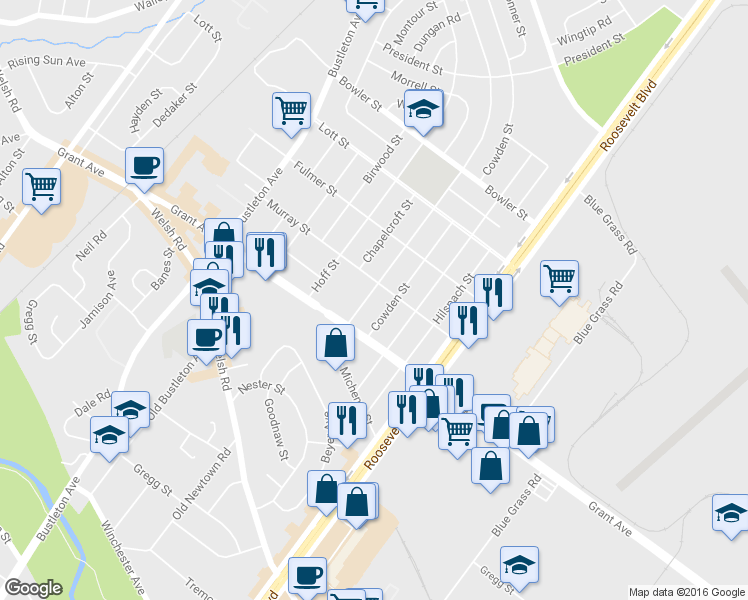 map of restaurants, bars, coffee shops, grocery stores, and more near 9531 Clark Street in Philadelphia