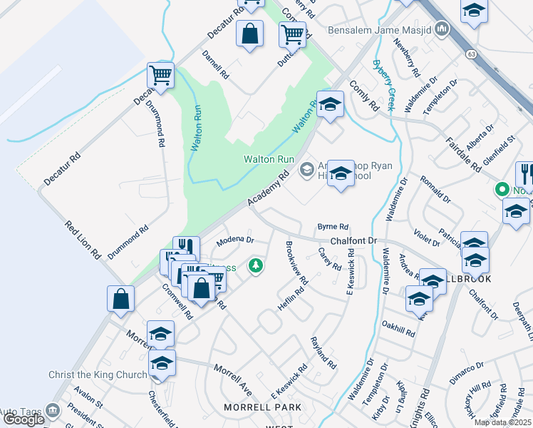 map of restaurants, bars, coffee shops, grocery stores, and more near 11005 Calera Road in Philadelphia
