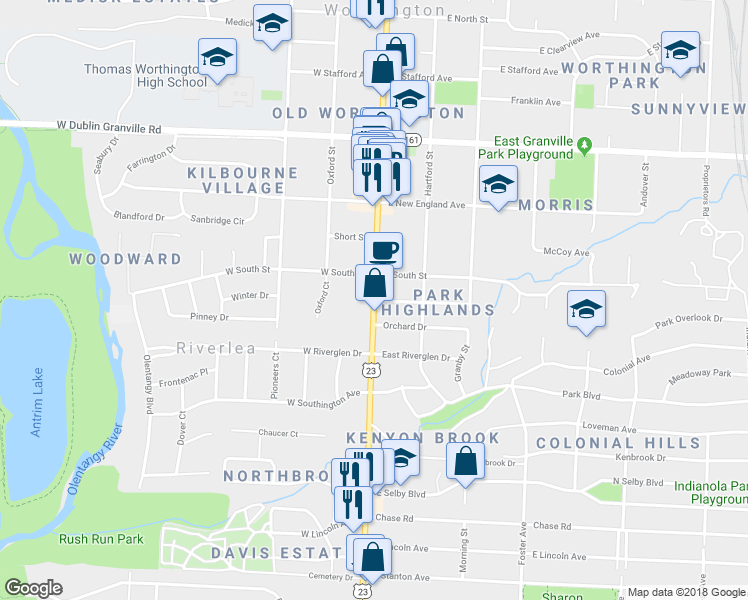 map of restaurants, bars, coffee shops, grocery stores, and more near 8231 N High St in Columbus