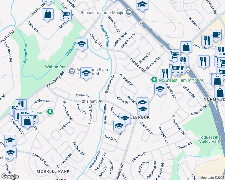 map of restaurants, bars, coffee shops, grocery stores, and more near 11104 Templeton Drive in Philadelphia