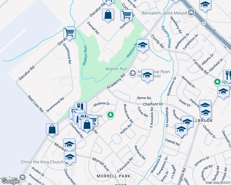 map of restaurants, bars, coffee shops, grocery stores, and more near 11005 Calera Road in Philadelphia