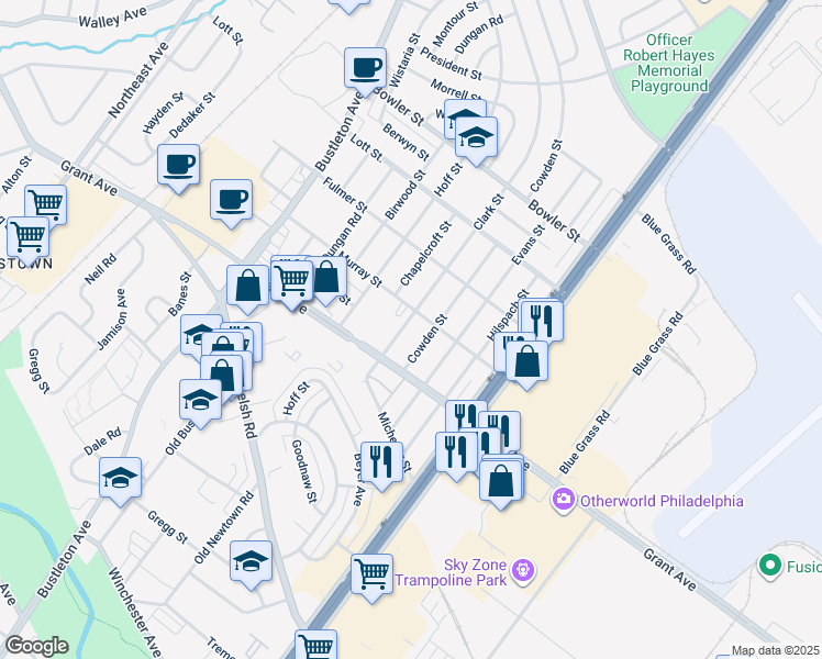 map of restaurants, bars, coffee shops, grocery stores, and more near 9531 Clark Street in Philadelphia