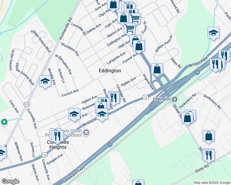 map of restaurants, bars, coffee shops, grocery stores, and more near 2672 Bowman Avenue in Eddington