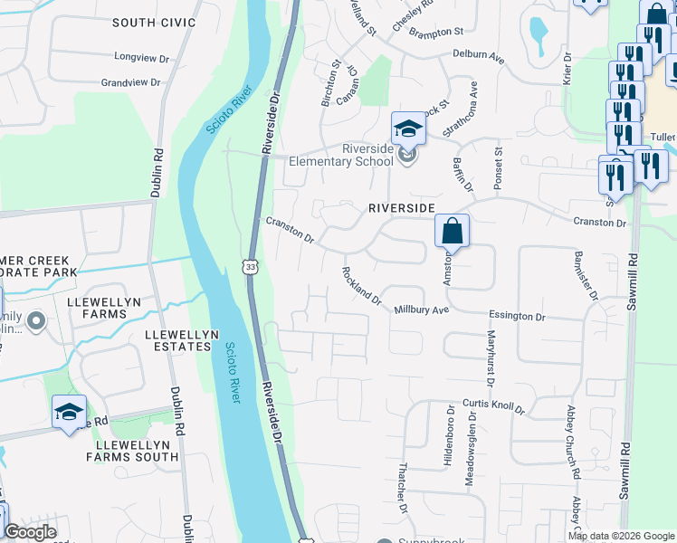 map of restaurants, bars, coffee shops, grocery stores, and more near 6321 Rockland Drive in Dublin
