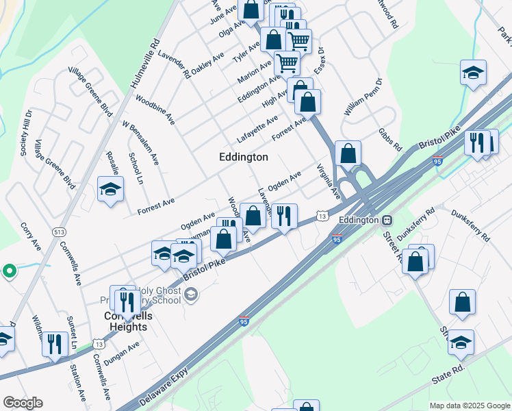 map of restaurants, bars, coffee shops, grocery stores, and more near 2672 Bowman Avenue in Eddington