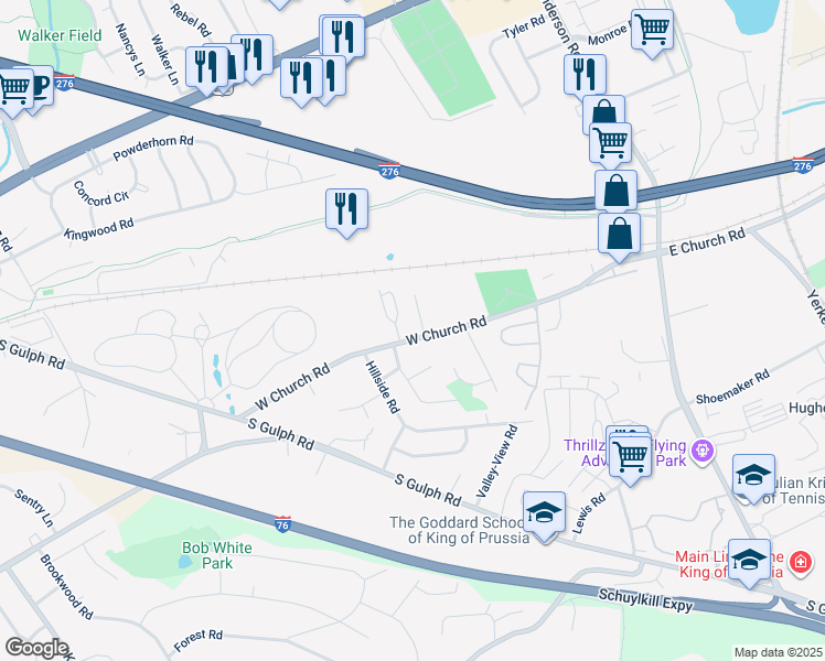 map of restaurants, bars, coffee shops, grocery stores, and more near 346 West Church Road in King of Prussia