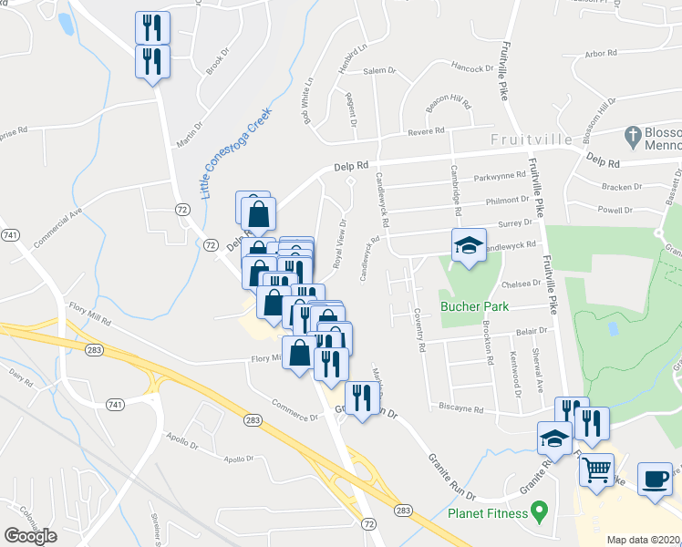 map of restaurants, bars, coffee shops, grocery stores, and more near 633 Royal View Drive in Lancaster