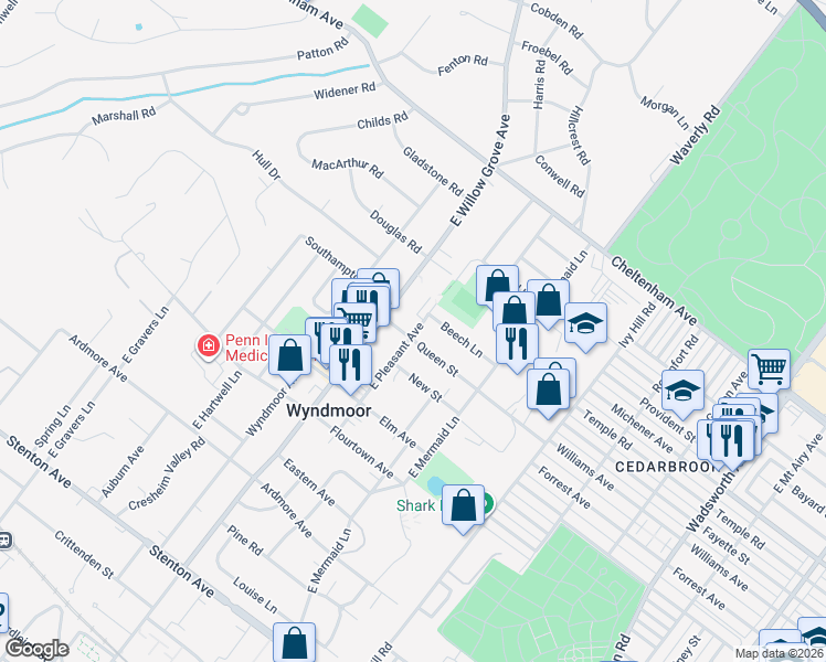 map of restaurants, bars, coffee shops, grocery stores, and more near 7814 Queen Street in Wyndmoor