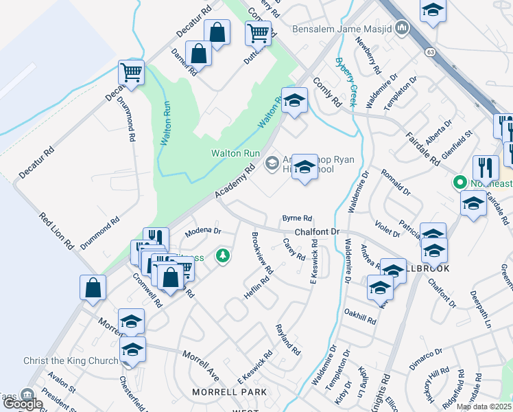 map of restaurants, bars, coffee shops, grocery stores, and more near 3433 Brookview Road in Philadelphia