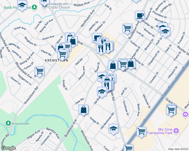 map of restaurants, bars, coffee shops, grocery stores, and more near 9323 Banes Street in Philadelphia