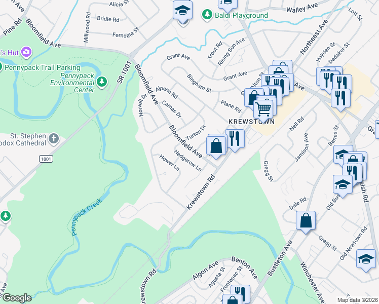 map of restaurants, bars, coffee shops, grocery stores, and more near 1118 Hedgerow Lane in Philadelphia