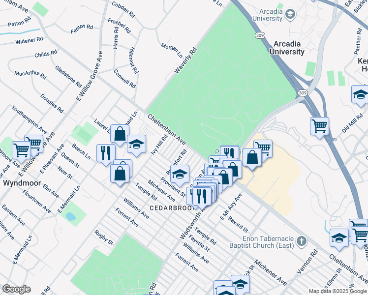 map of restaurants, bars, coffee shops, grocery stores, and more near 1615 Roumfort Road in Philadelphia