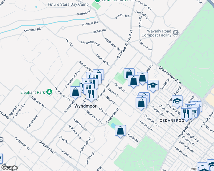 map of restaurants, bars, coffee shops, grocery stores, and more near 7814 Queen Street in Wyndmoor