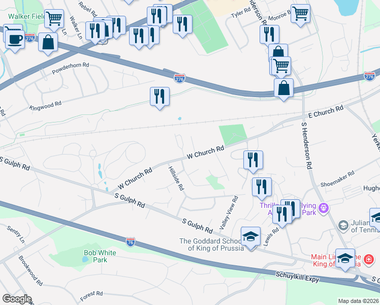 map of restaurants, bars, coffee shops, grocery stores, and more near 446 Lori Lane in King of Prussia