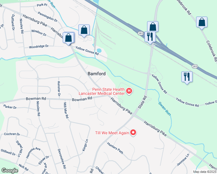 map of restaurants, bars, coffee shops, grocery stores, and more near 2901 Bowman Road in Lancaster