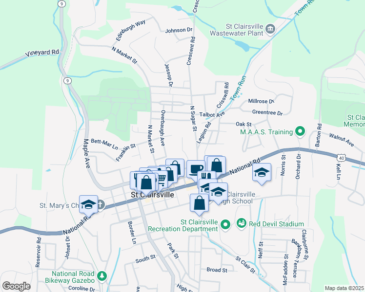 map of restaurants, bars, coffee shops, grocery stores, and more near 323 Orchard Lane in Saint Clairsville