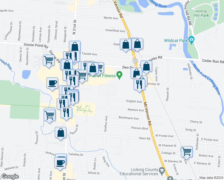 map of restaurants, bars, coffee shops, grocery stores, and more near 286 English Avenue in Newark