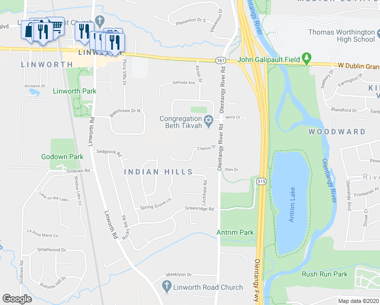 map of restaurants, bars, coffee shops, grocery stores, and more near 879 Clayton Drive in Worthington