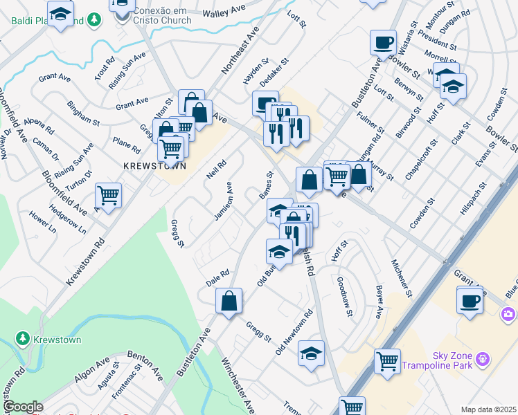 map of restaurants, bars, coffee shops, grocery stores, and more near 9323 Banes Street in Philadelphia