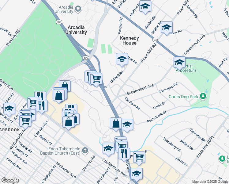 map of restaurants, bars, coffee shops, grocery stores, and more near 417 Longfellow Road in Wyncote