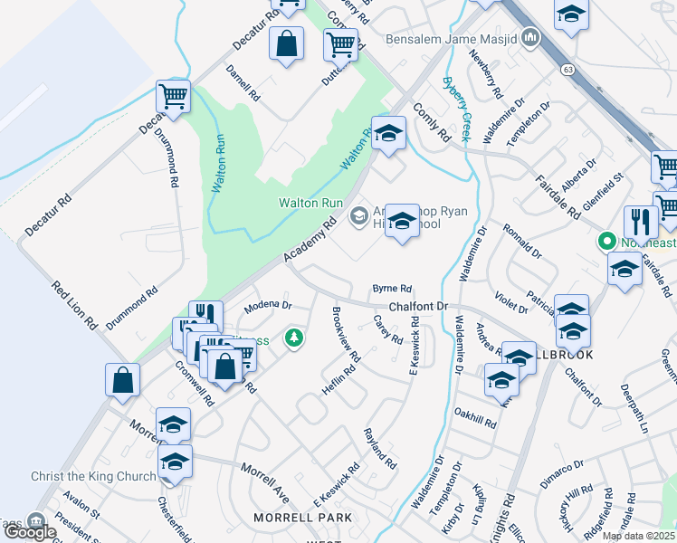 map of restaurants, bars, coffee shops, grocery stores, and more near 3433 Brookview Road in Philadelphia