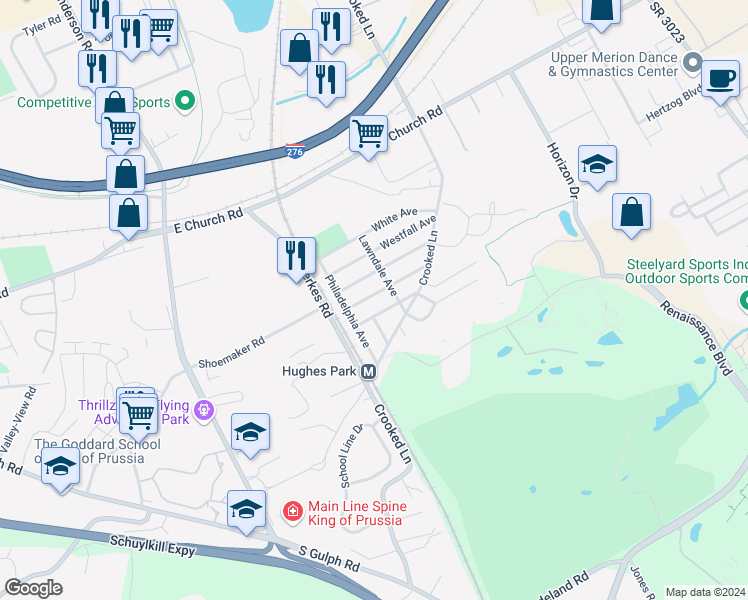 map of restaurants, bars, coffee shops, grocery stores, and more near 221 Stocker Avenue in King of Prussia