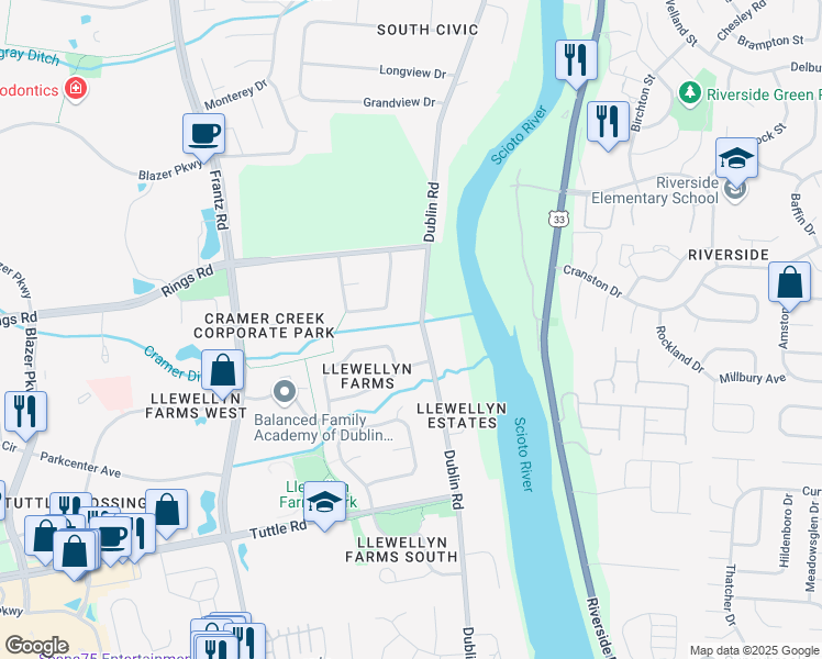 map of restaurants, bars, coffee shops, grocery stores, and more near 5707 Dublin Road in Dublin
