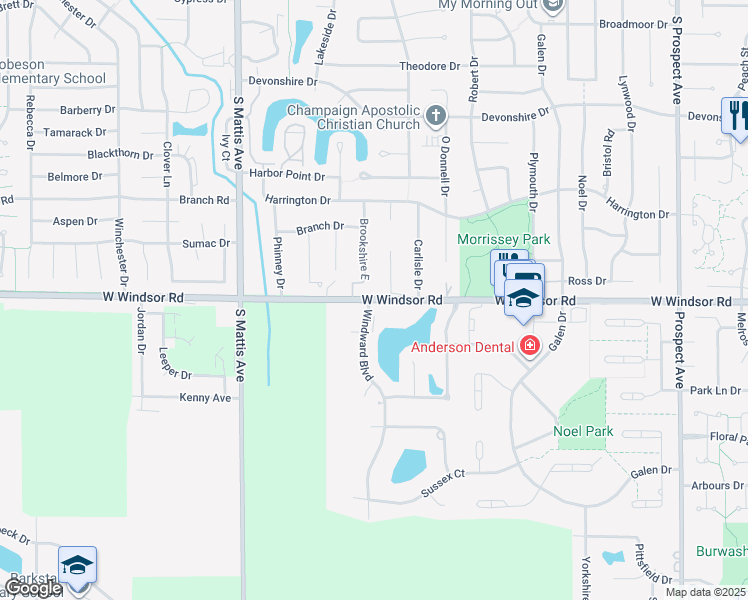 map of restaurants, bars, coffee shops, grocery stores, and more near 2402 Windward Boulevard in Champaign