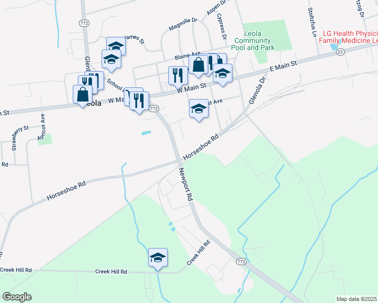 map of restaurants, bars, coffee shops, grocery stores, and more near 61 Horseshoe Road in Leola