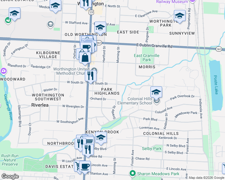 map of restaurants, bars, coffee shops, grocery stores, and more near 134 Orchard Drive in Worthington