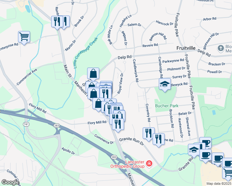 map of restaurants, bars, coffee shops, grocery stores, and more near 622 Royal View Drive in Lancaster