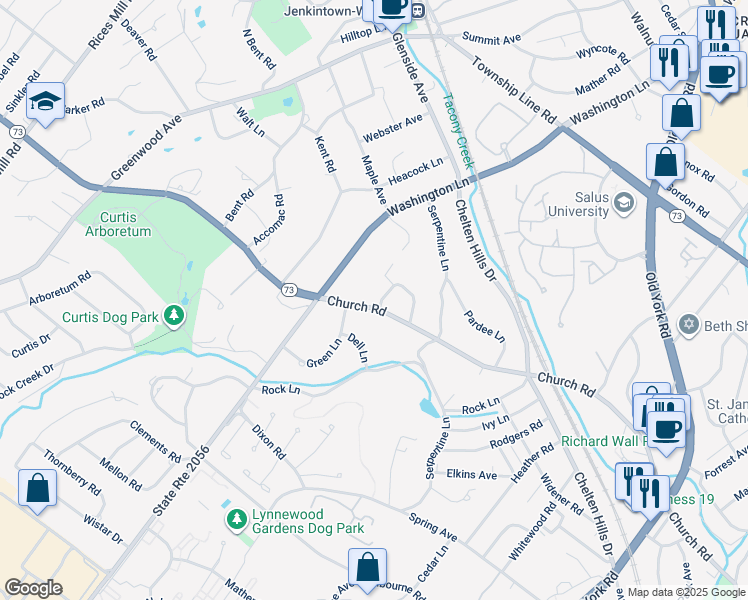 map of restaurants, bars, coffee shops, grocery stores, and more near 927 Laburnum Lane in Wyncote