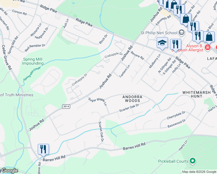 map of restaurants, bars, coffee shops, grocery stores, and more near 4 Pear Tree Lane in Lafayette Hill
