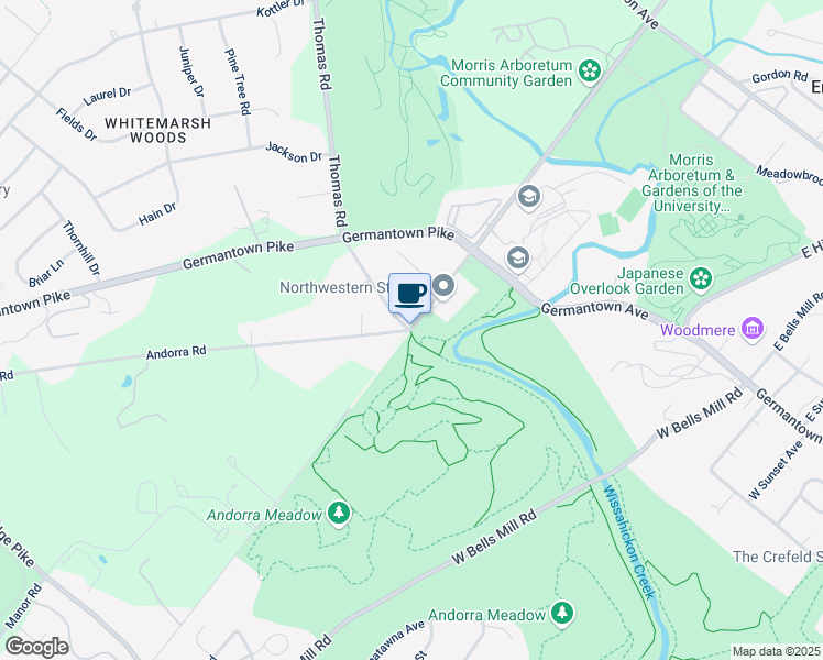 map of restaurants, bars, coffee shops, grocery stores, and more near West Northwestern Avenue in Philadelphia