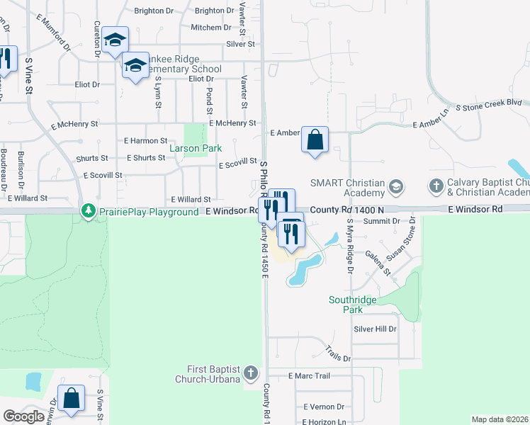 map of restaurants, bars, coffee shops, grocery stores, and more near 3198 County Road 1450 East in Urbana