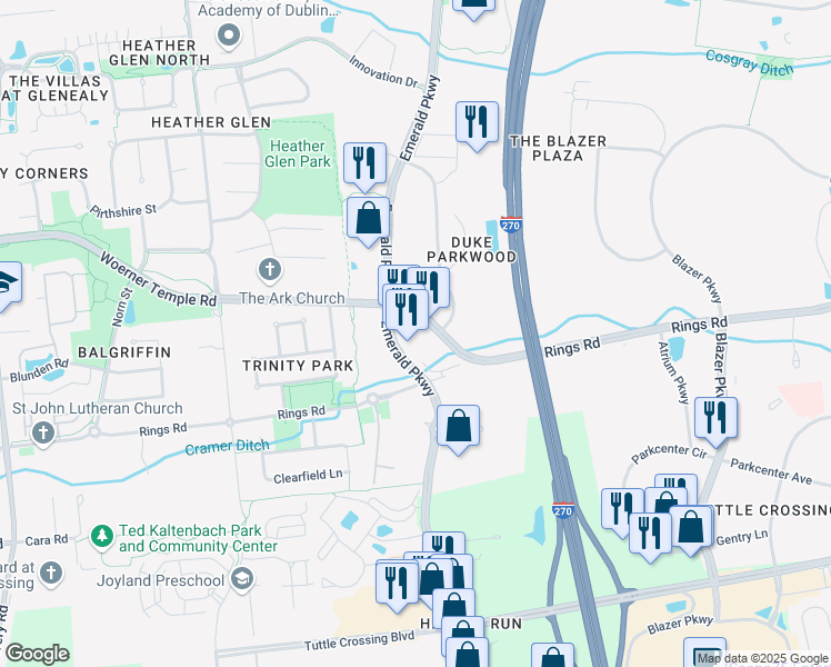 map of restaurants, bars, coffee shops, grocery stores, and more near 5601 Woerner Temple Road in Dublin